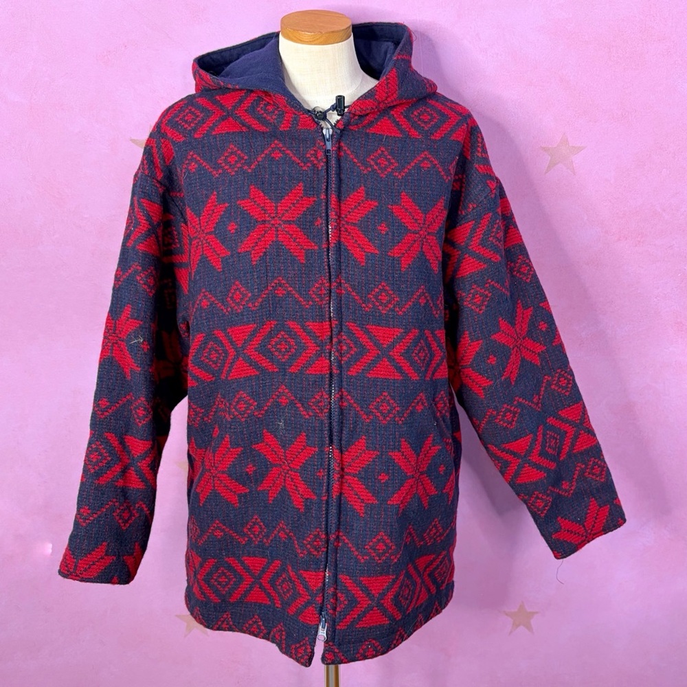 Vintage 90s Woolrich Wool Zip Up Jacket Womens Size Large Blue Red Nordic Print